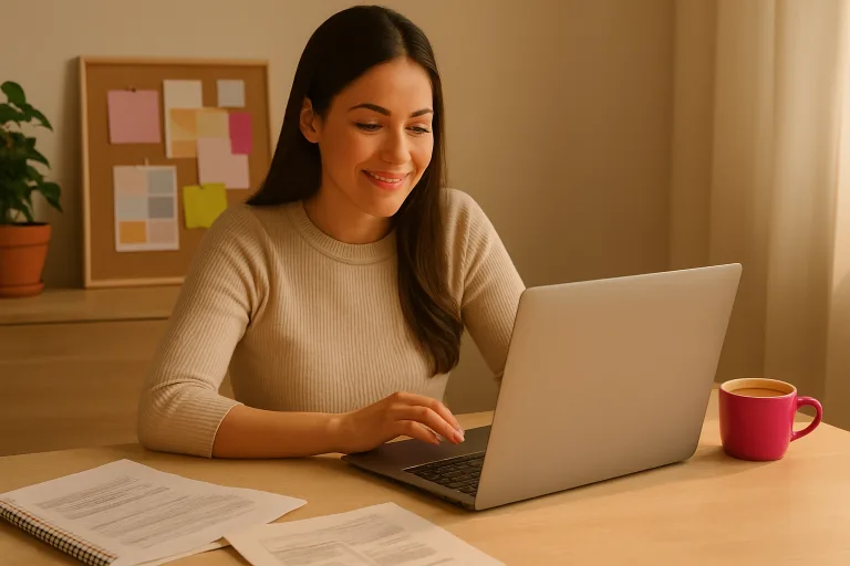Mujer revisando documentos en su laptop, con expresión nostálgica y profesional, en un escritorio iluminado con luz natural.