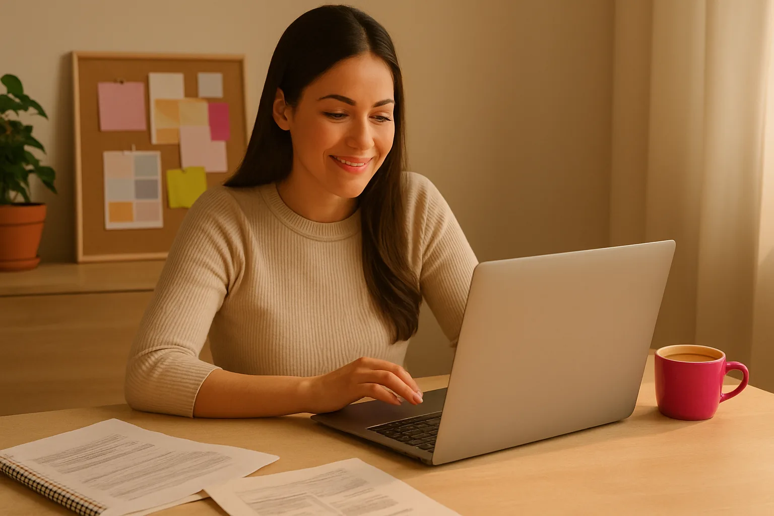 Mujer revisando documentos en su laptop, con expresión nostálgica y profesional, en un escritorio iluminado con luz natural.