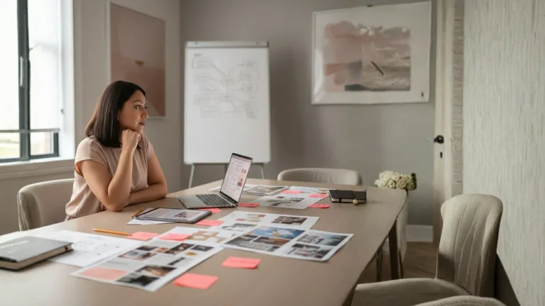 Estratega trabajando en la arquitectura de marca sobre una mesa de diseño, concepto de branding profesional.